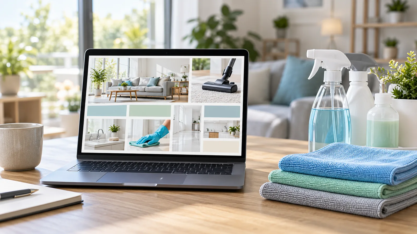 Laptop pe masă cu un site de servicii de curățenie, lângă produse și lavete din microfibră