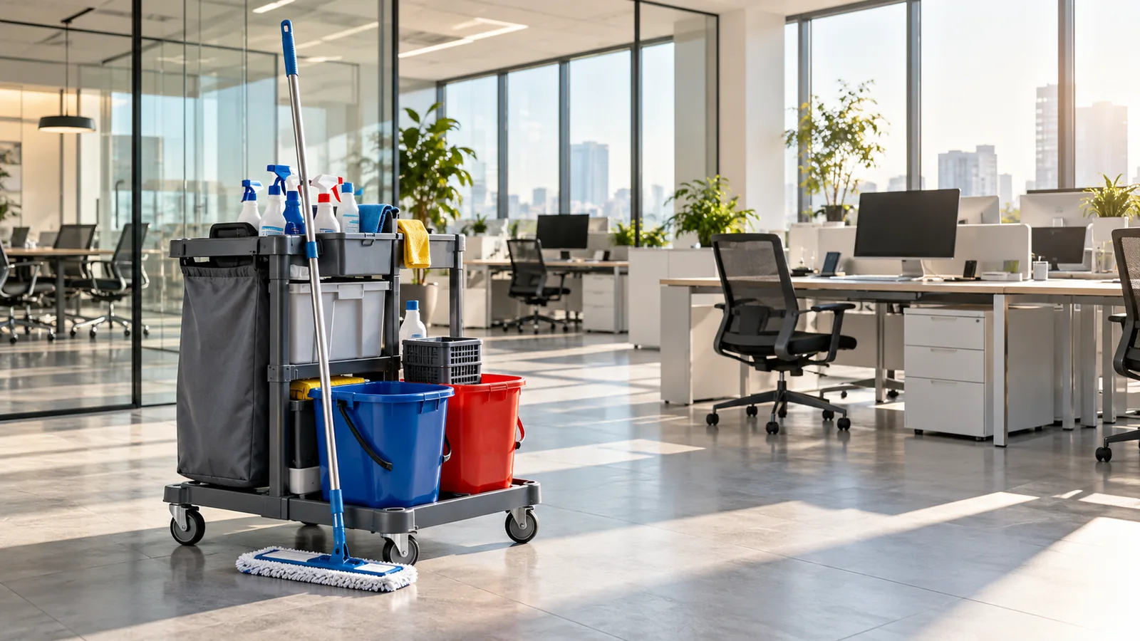 Birou open-space curat cu un cărucior profesional de curățenie, mop și găleți